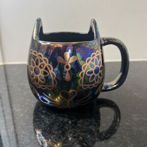 Cat Coffee Mug Iridescent Black Base w/ears & Copper Colored Decal‎ CUTE 16 oz